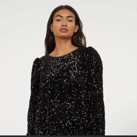 H&M Sequin Party Puff Sleeved Black Sequin Dress, 6 size, NWT - Picture 2 of 7